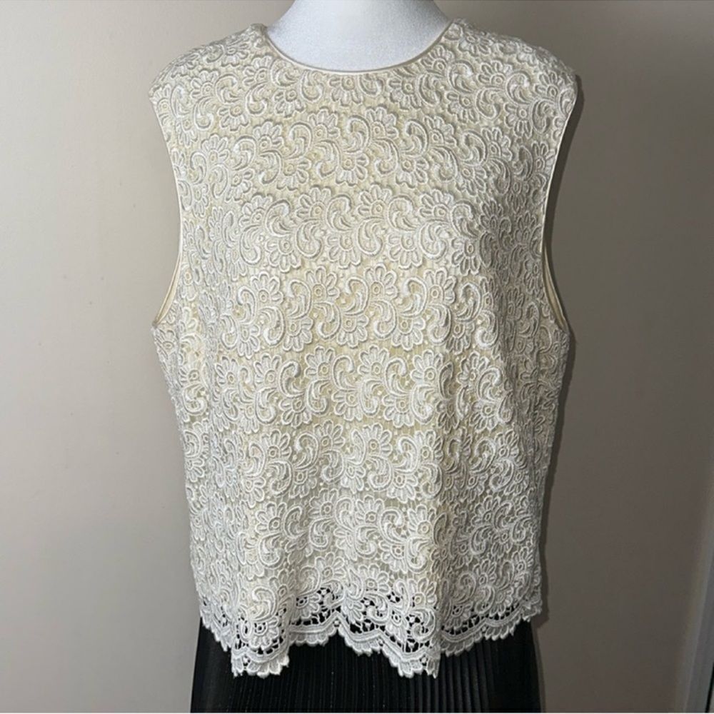 Talbots 18 Lux Lace Satin Button Back Elegant Embroidered Floral Top